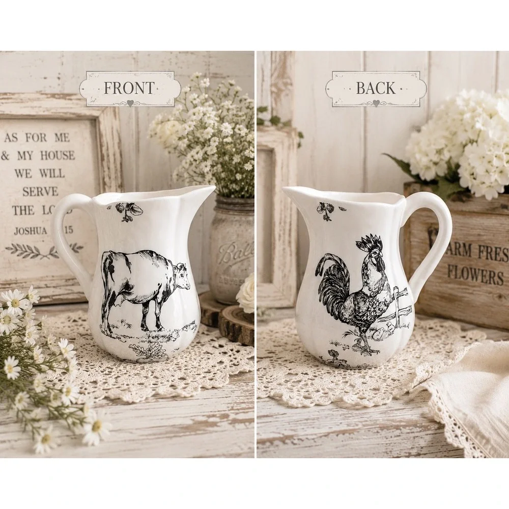 J. Willfred Farmhouse Ceramic Pitcher Cow and Rooster White Black Toile 9 Inch